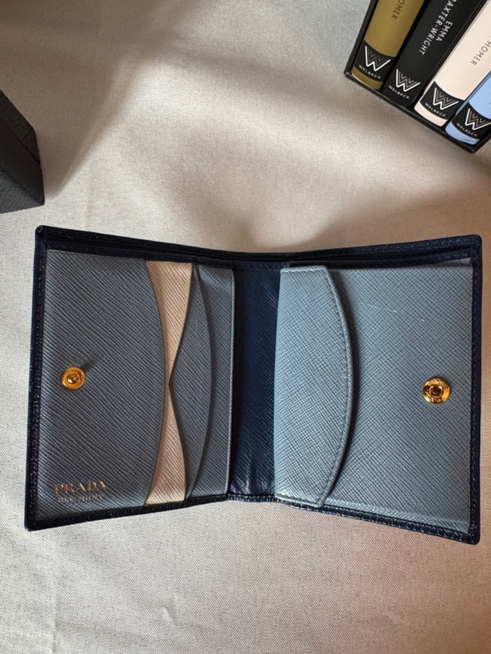 Prada Navy Saffiano Multicolor Leather Bifold Wallet with Gold Logo - Picture 9 of 14